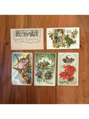 Lot 5 Antique Christmas Postcards 1906-1914 Angels Poinsettia Winter Village